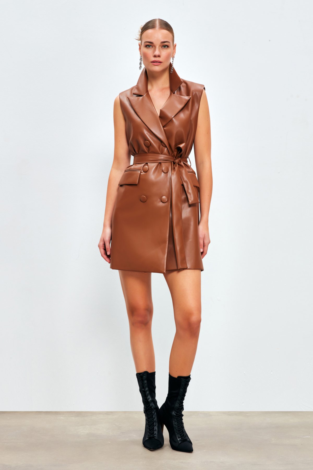 Kuşaklı Deri Yelek Elbise - KAHVE