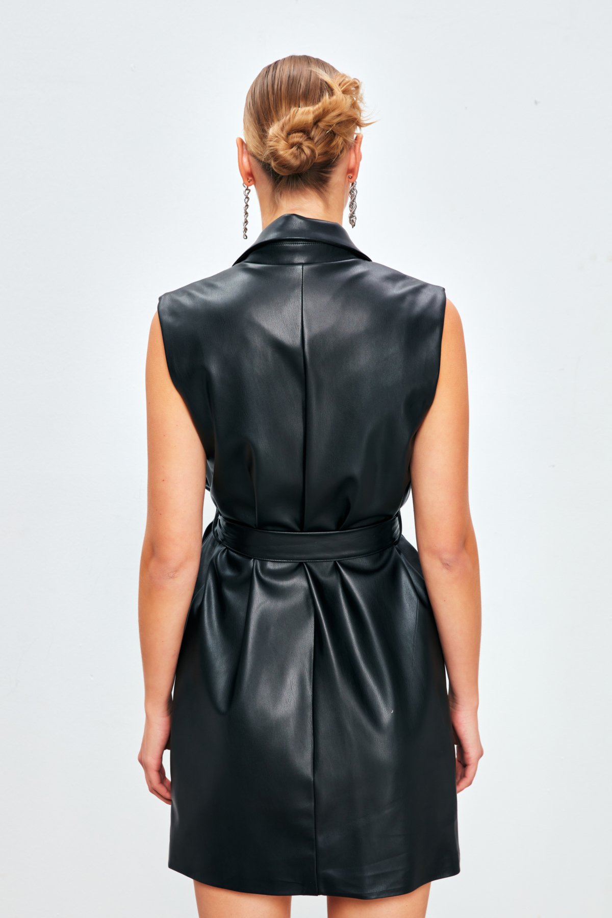 Kuşaklı Deri Yelek Elbise - SİYAH
