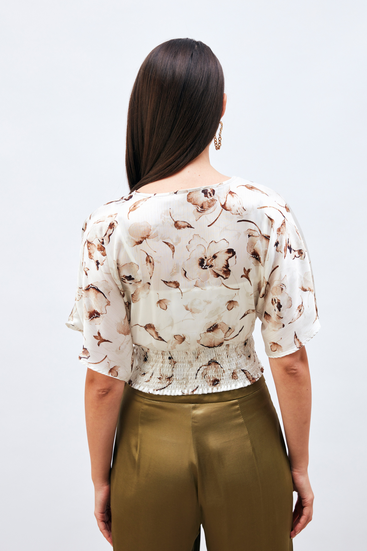 Kuşaklı Desenli Kruvaze Bluz - KAHVE