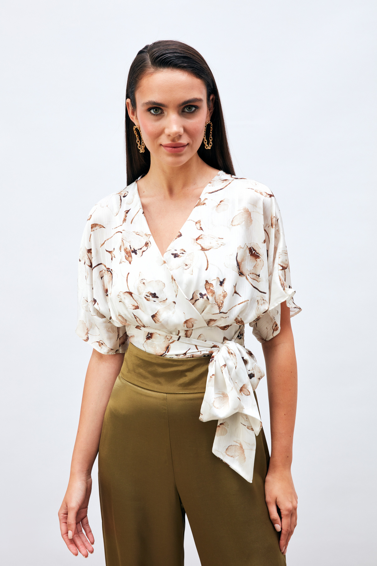 Kuşaklı Desenli Kruvaze Bluz - KAHVE