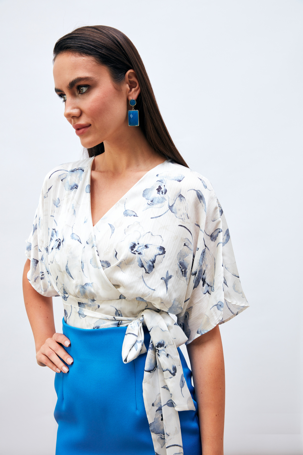 Kuşaklı Desenli Kruvaze Bluz - MAVİ