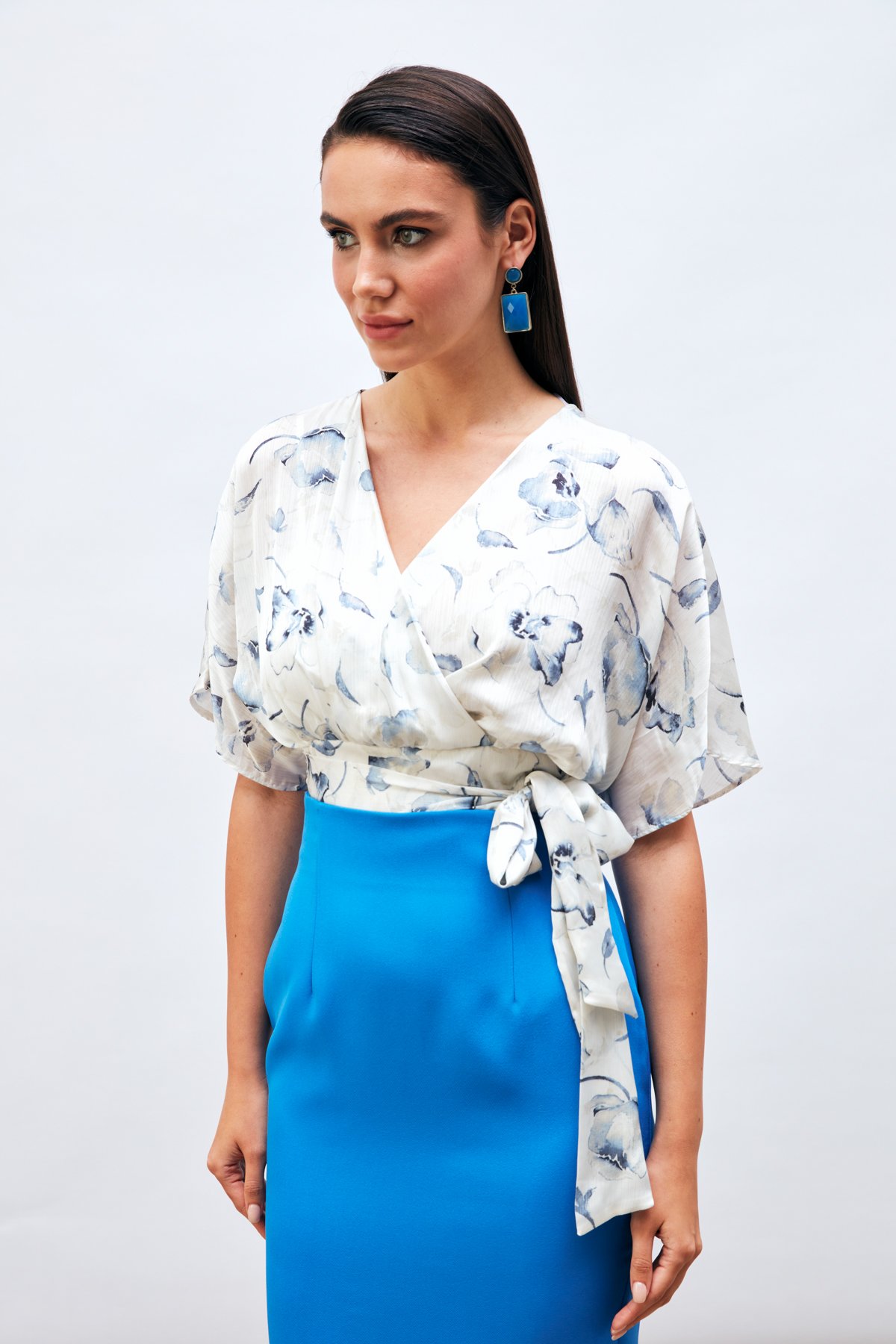 Kuşaklı Desenli Kruvaze Bluz - MAVİ