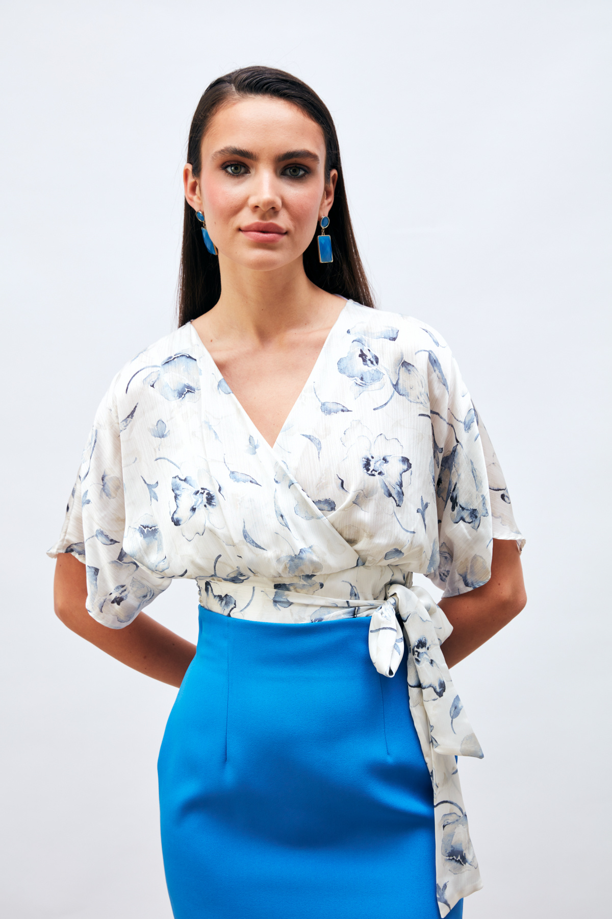 Kuşaklı Desenli Kruvaze Bluz - MAVİ