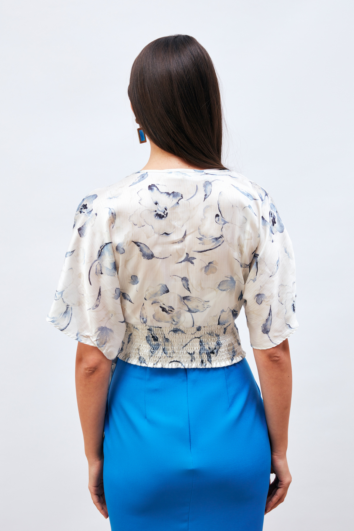 Kuşaklı Desenli Kruvaze Bluz - MAVİ