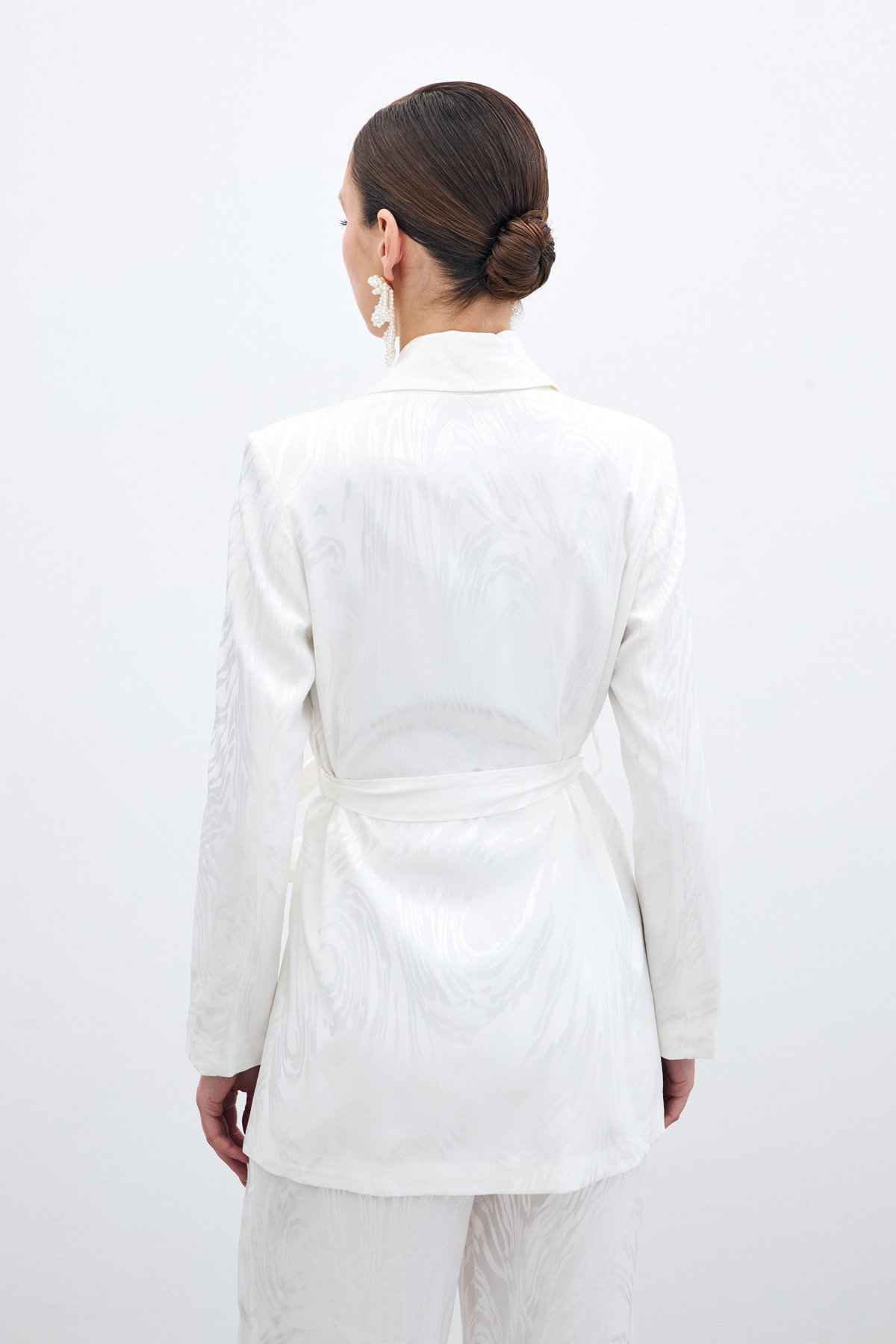 Kuşaklı Desenli Uzun Ceket - Ekru