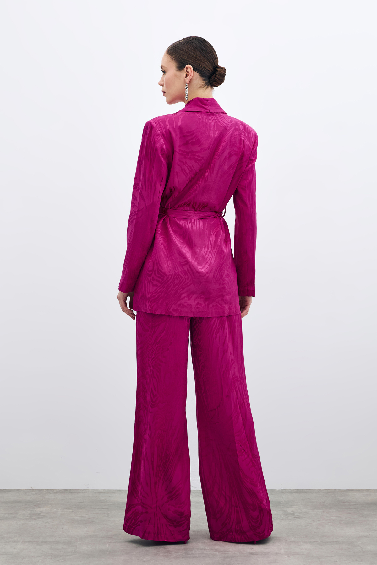 Kuşaklı Desenli Uzun Ceket - Fuşya