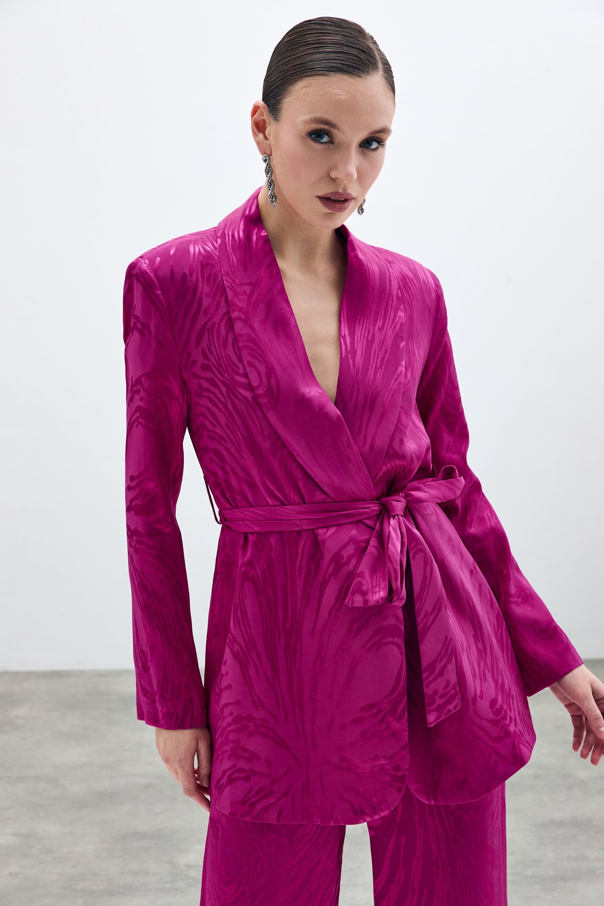 Kuşaklı Desenli Uzun Ceket - Fuşya