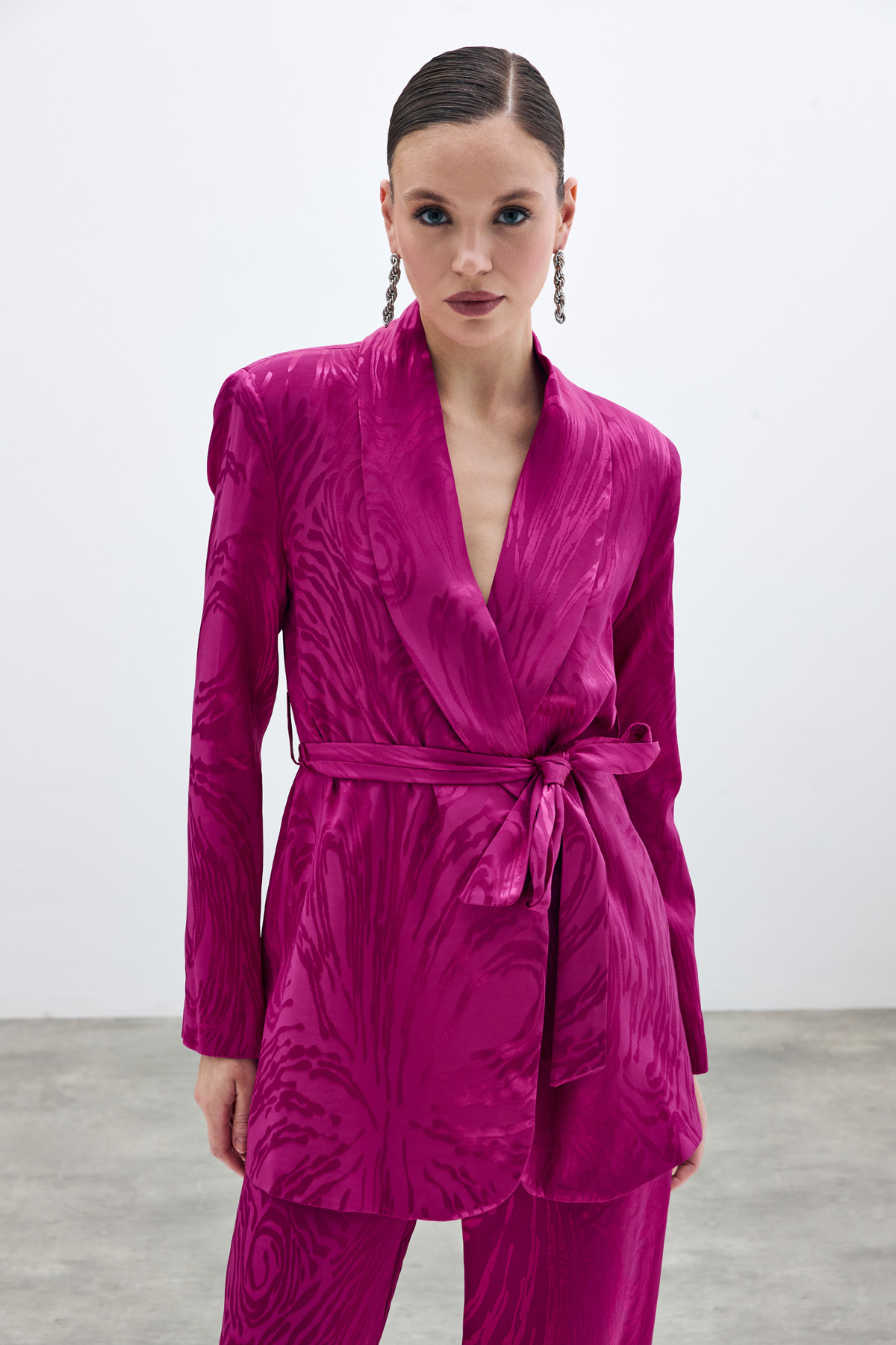 Kuşaklı Desenli Uzun Ceket - Fuşya