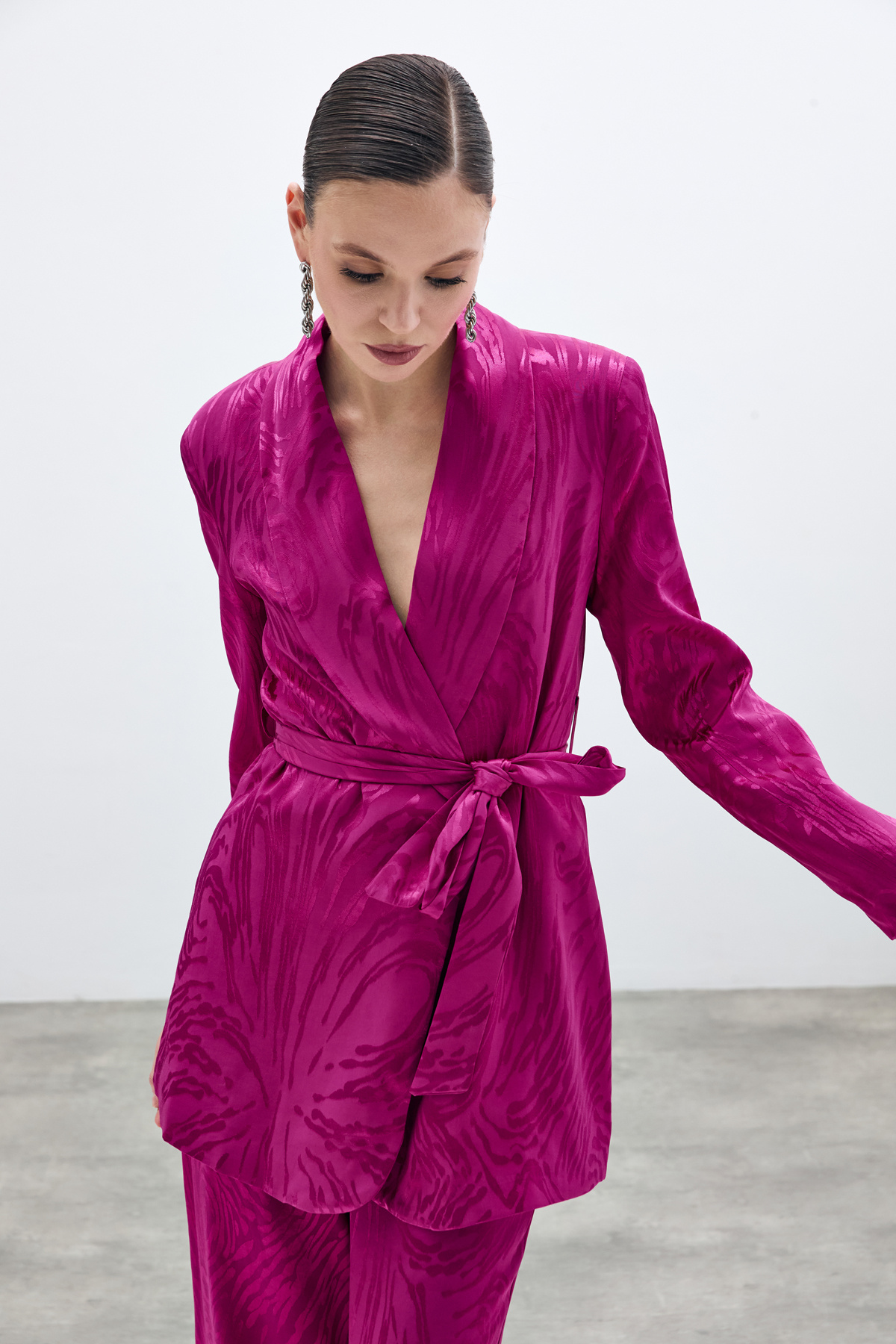 Kuşaklı Desenli Uzun Ceket - Fuşya