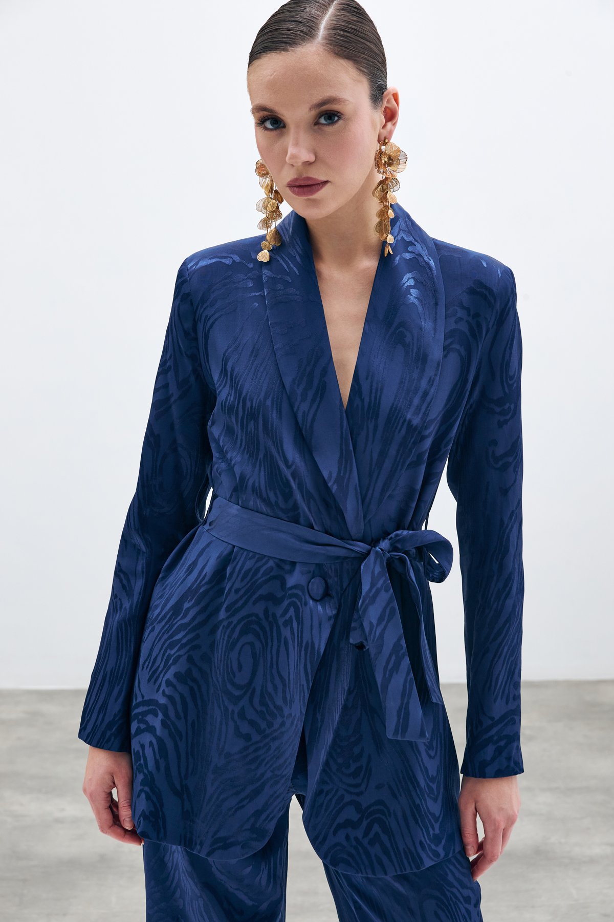 Kuşaklı Desenli Uzun Ceket - Lacivert