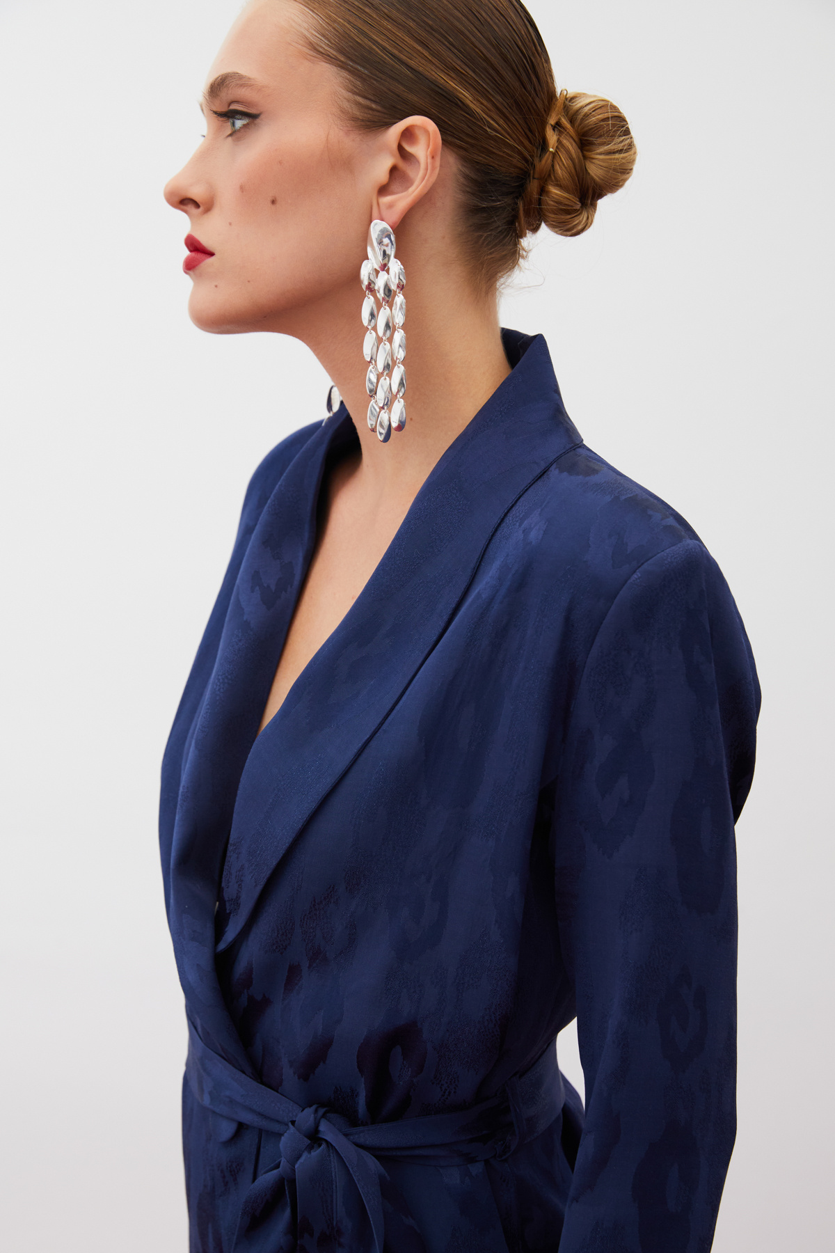 Kuşaklı Desenli Uzun Ceket - LACİVERT