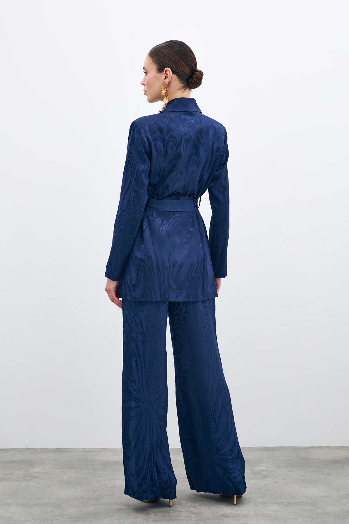 Kuşaklı Desenli Uzun Ceket - Lacivert