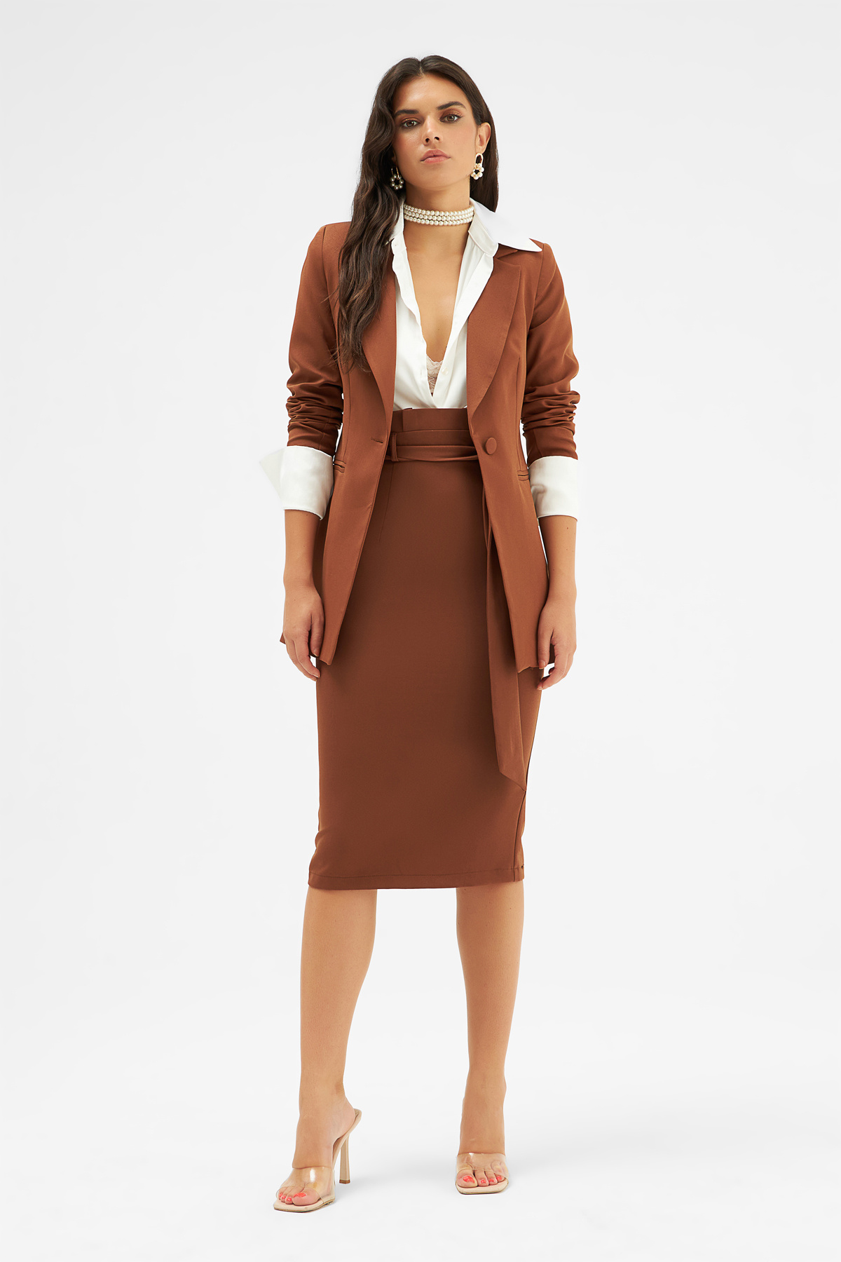 Kuşaklı kalem etek - KAHVE