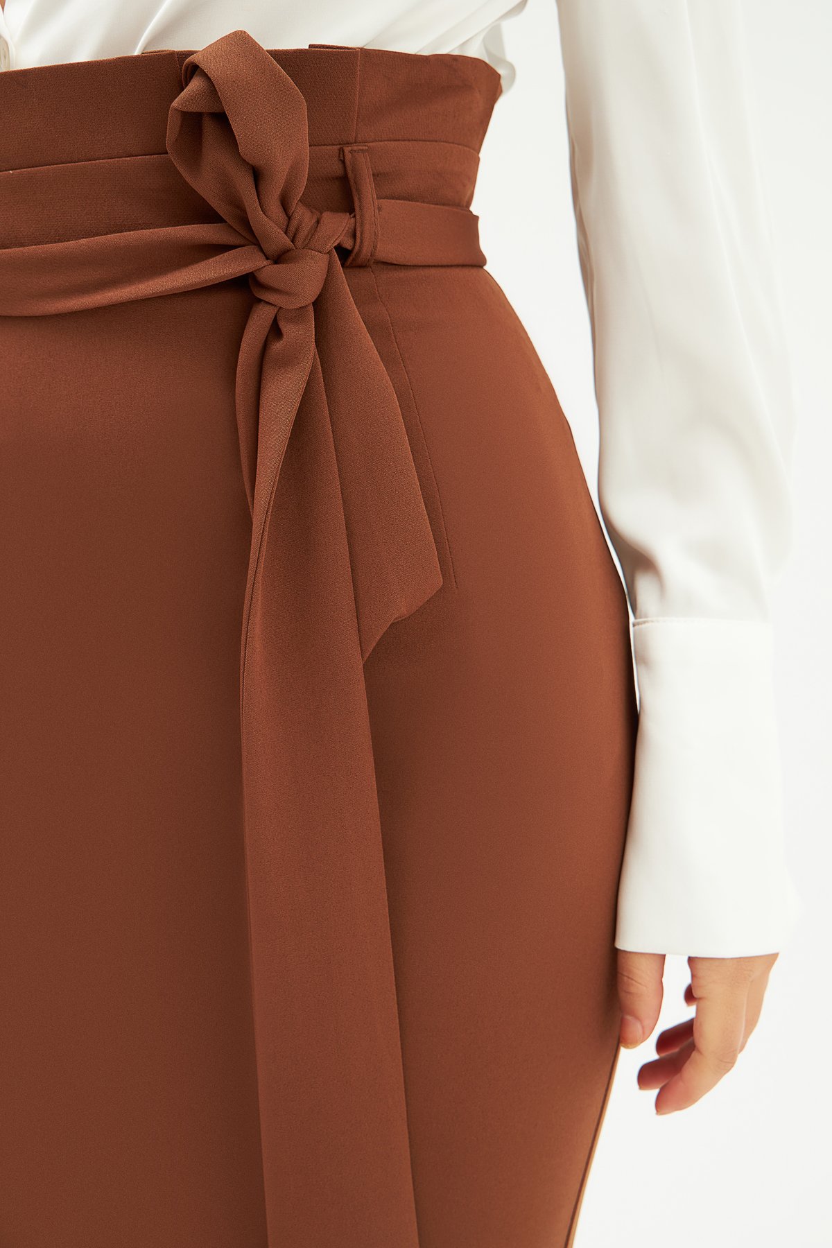 Kuşaklı kalem etek - KAHVE