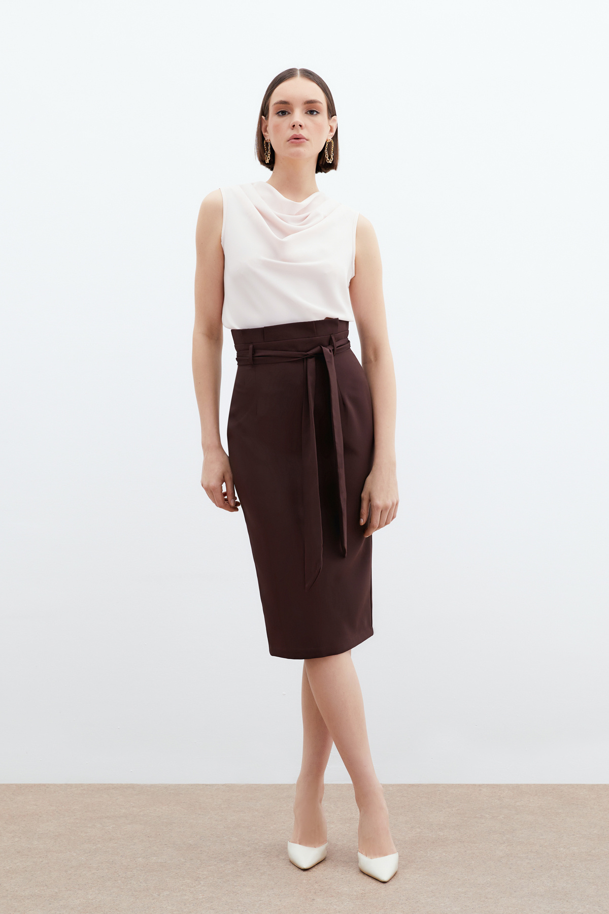 Kuşaklı Kalem Etek - Kahve