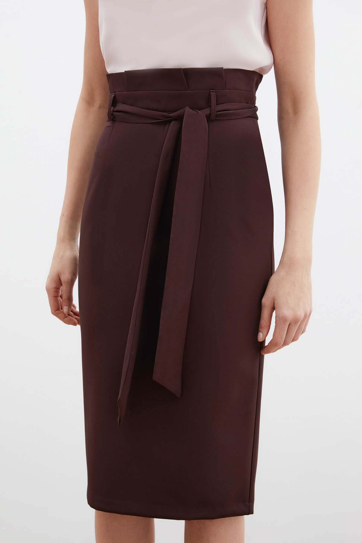 Kuşaklı Kalem Etek - Kahve