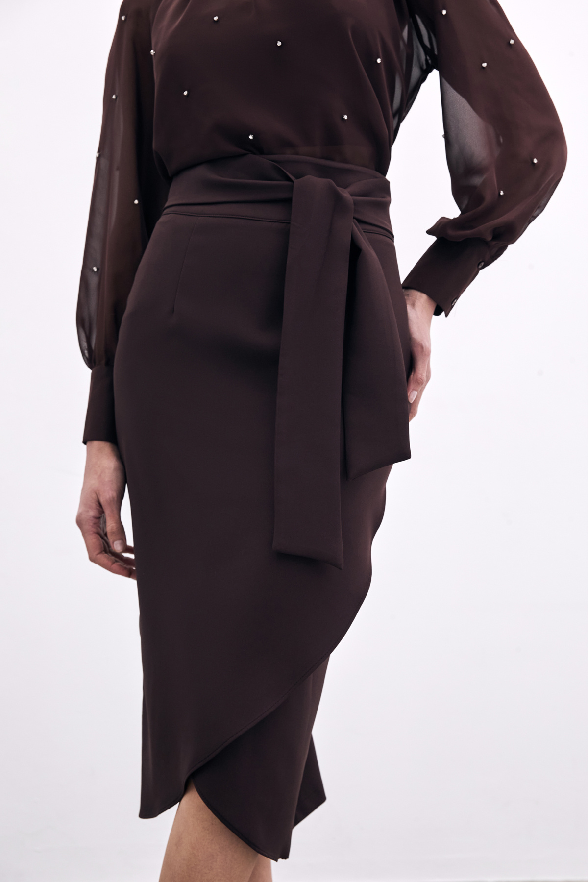 Belted Pencil Skirt - Brown