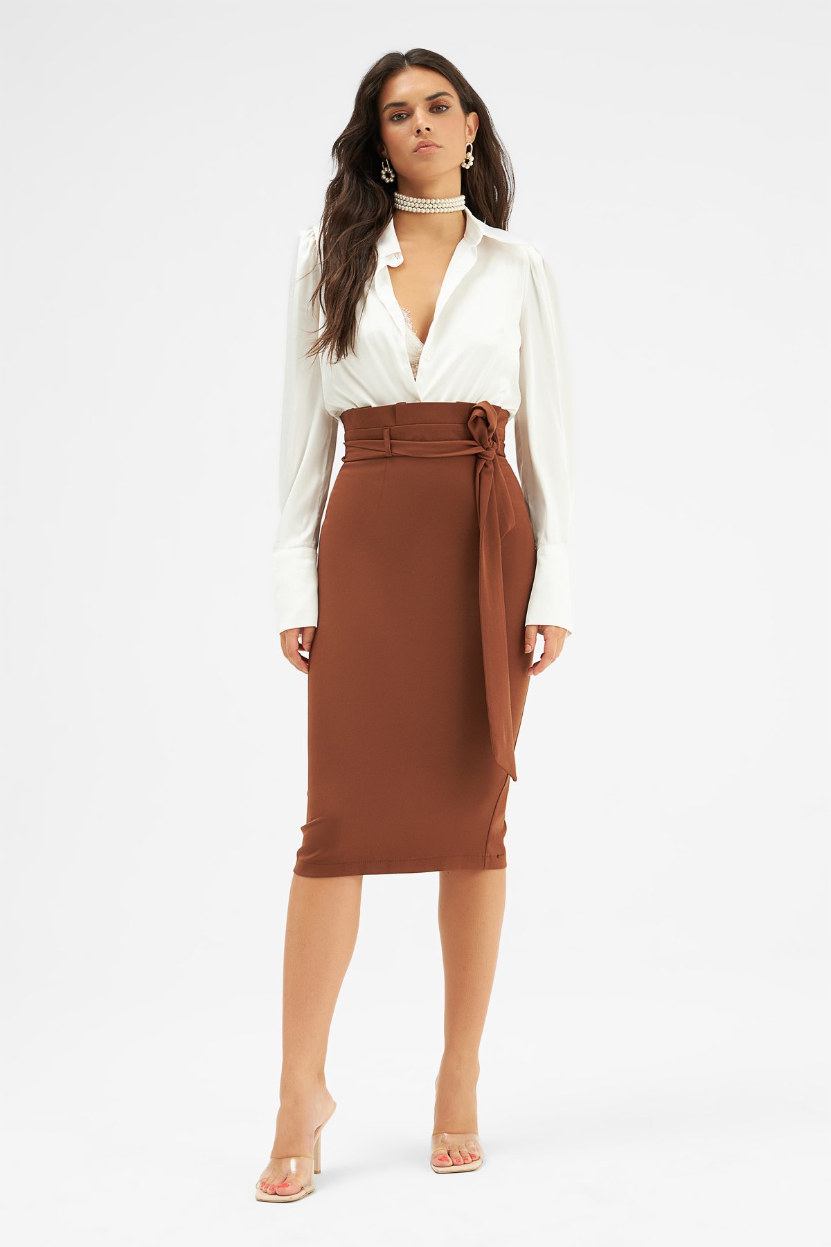 Kuşaklı kalem etek - KAHVE