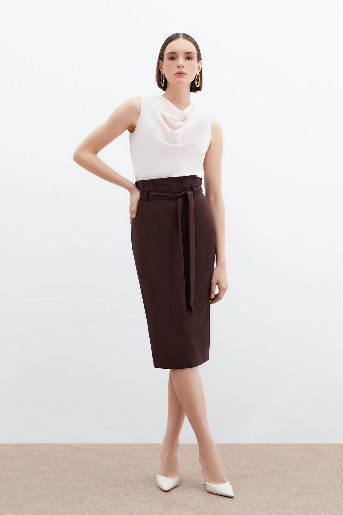 Kuşaklı Kalem Etek - Kahve