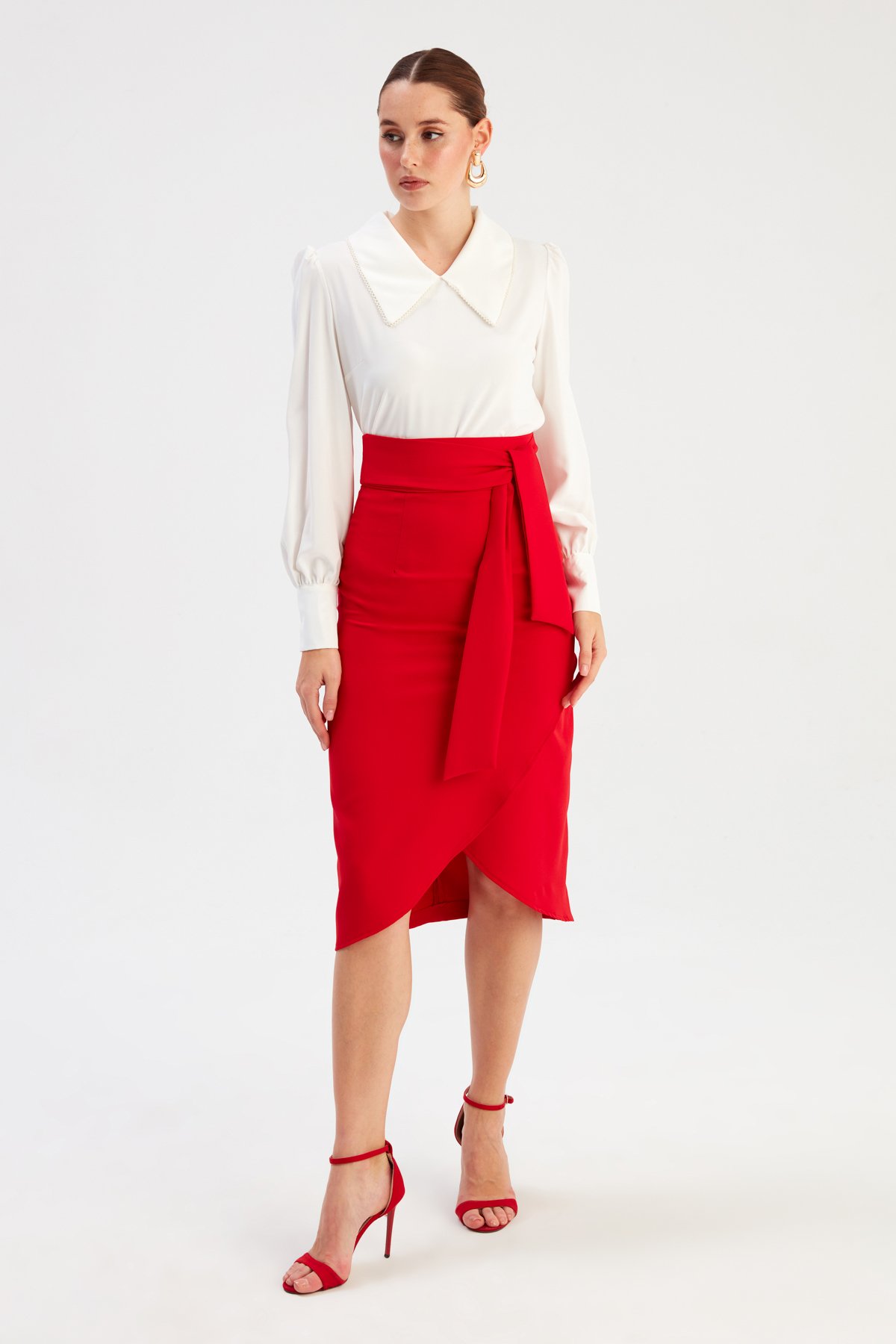 Kuşaklı Kalem Etek - KIRMIZI