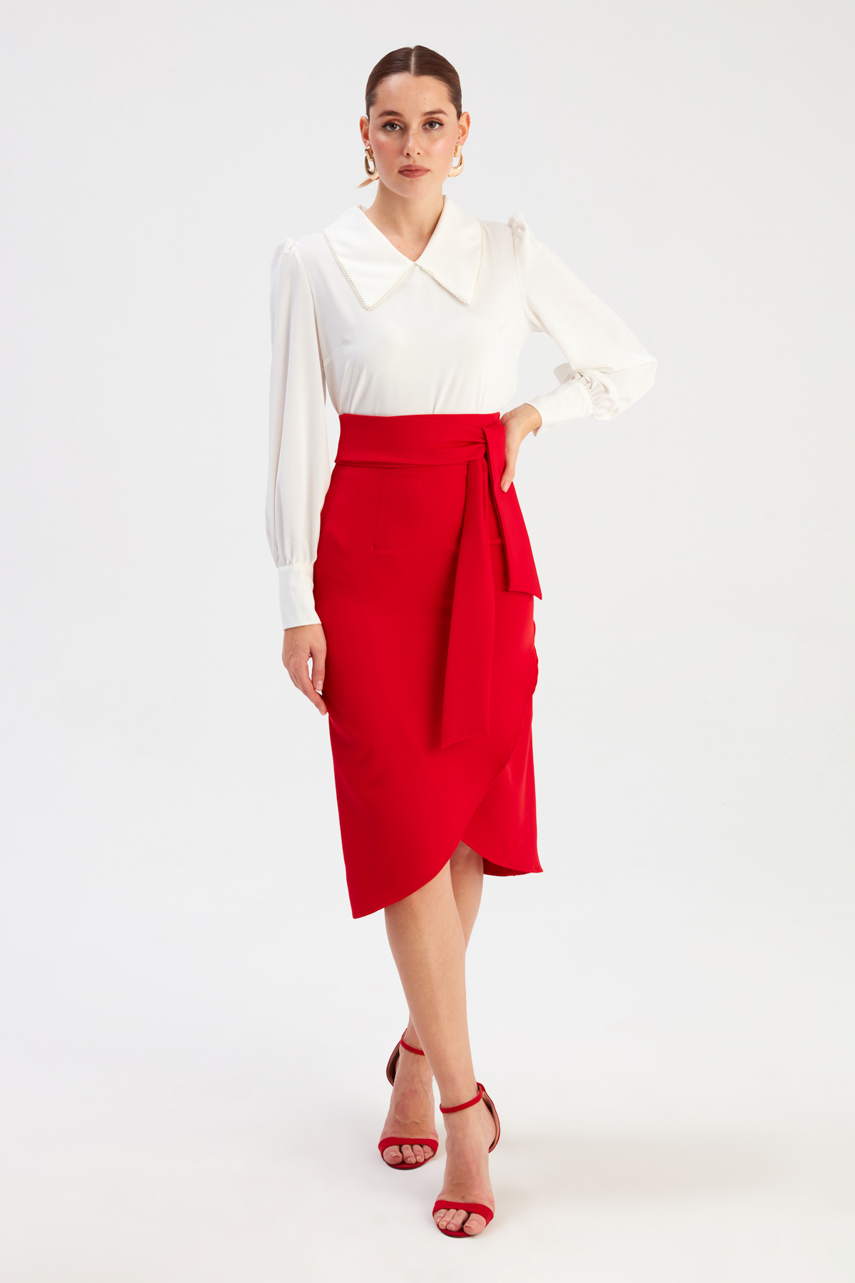 Kuşaklı Kalem Etek - KIRMIZI