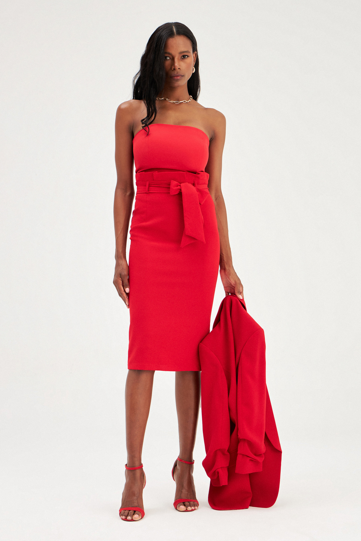 Kuşaklı kalem etek - KIRMIZI