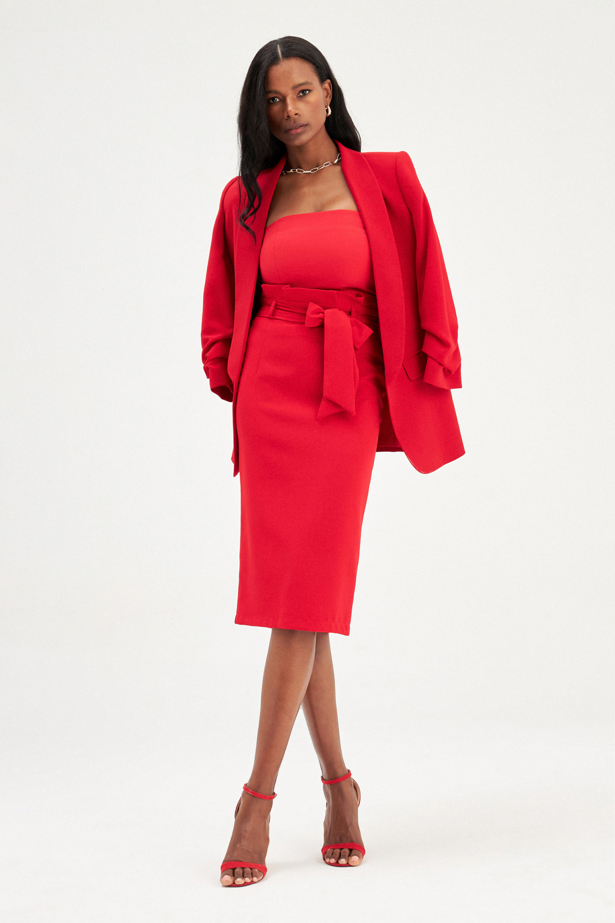 Kuşaklı kalem etek - KIRMIZI