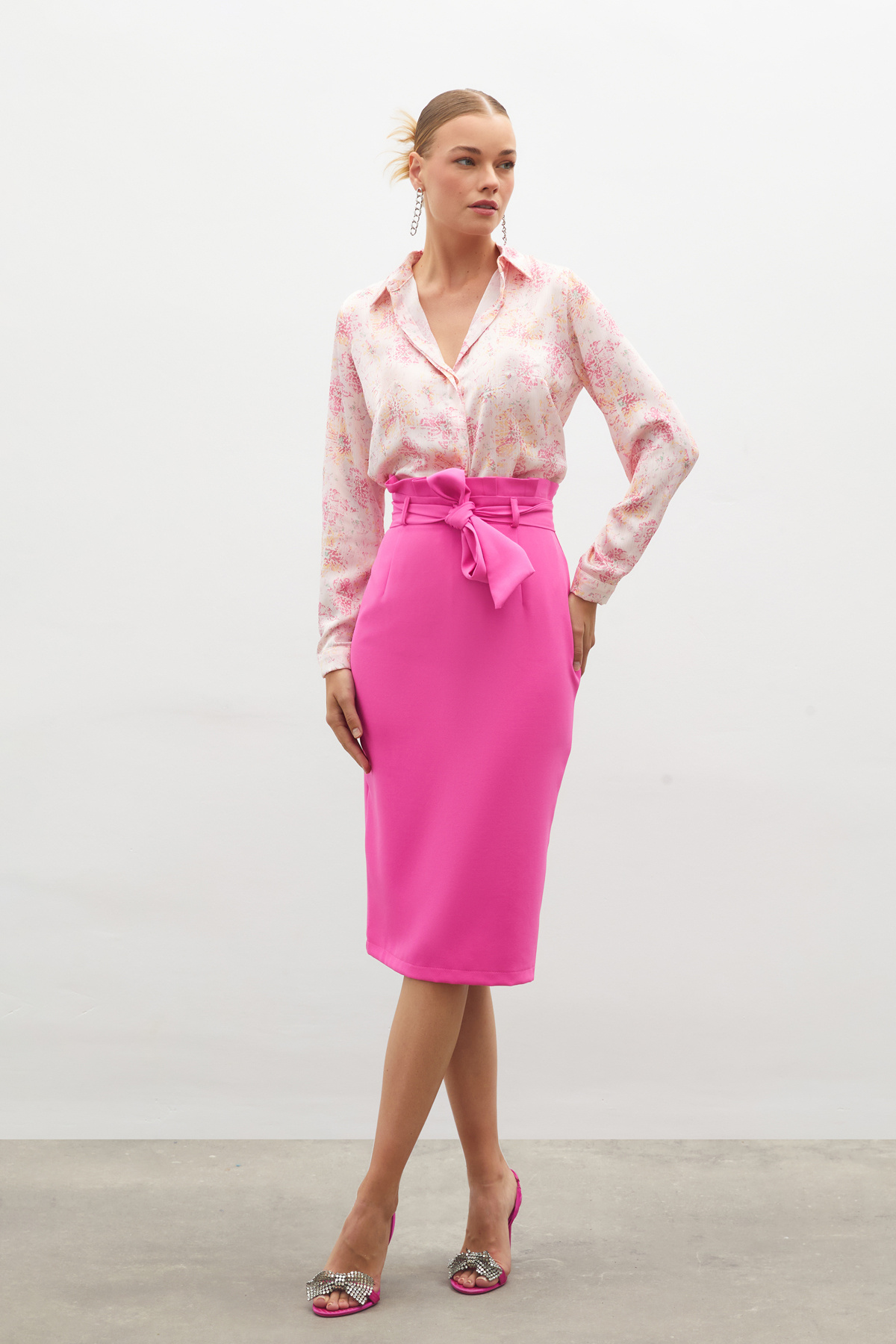 Kuşaklı Kalem Etek - PEMBE