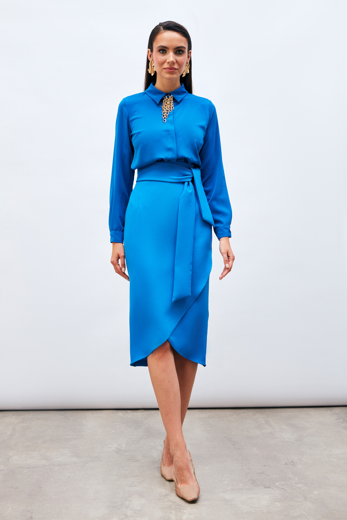 Kuşaklı Kalem Etek - SAX MAVİ