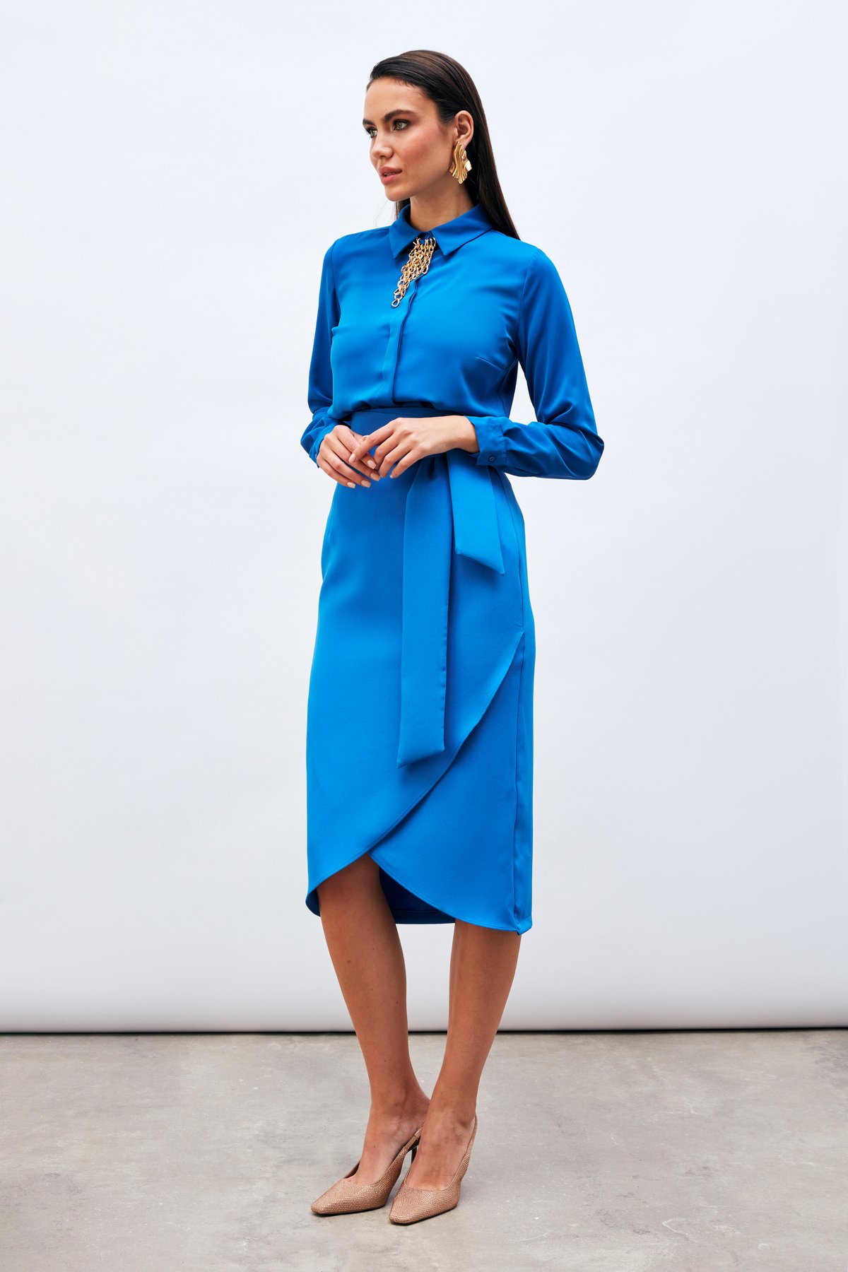 Kuşaklı Kalem Etek - SAX MAVİ