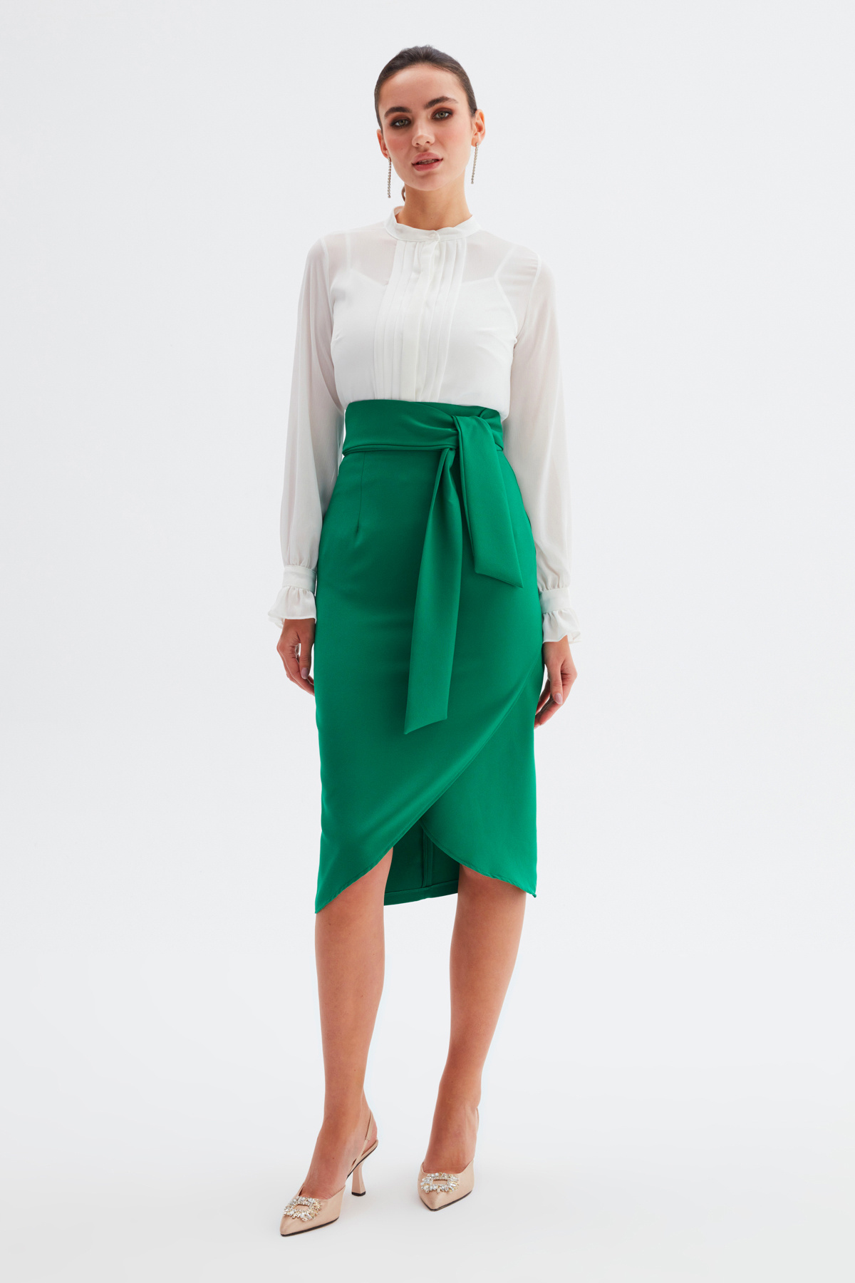 Kuşaklı Kalem Etek - ZÜMRÜT