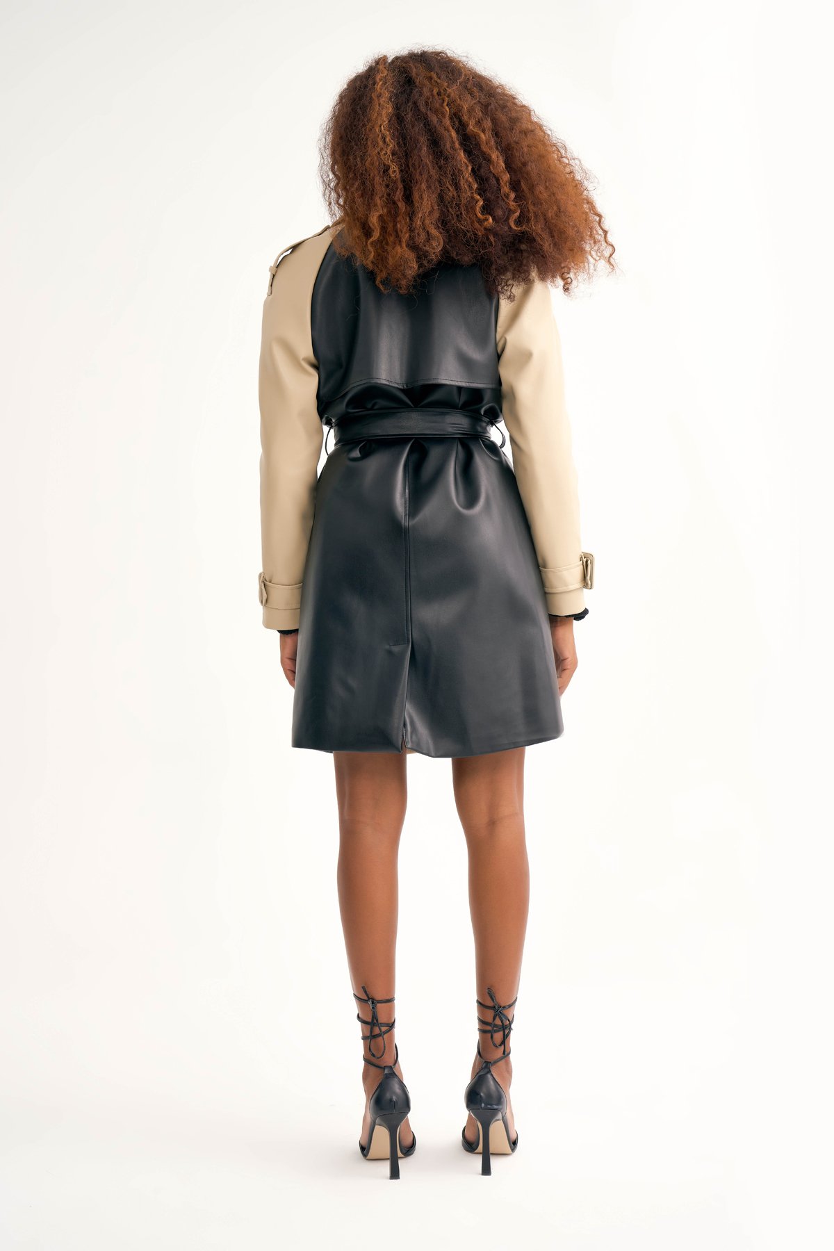 Kuşaklı kontrast deri trenç - SİYAH-TAŞ