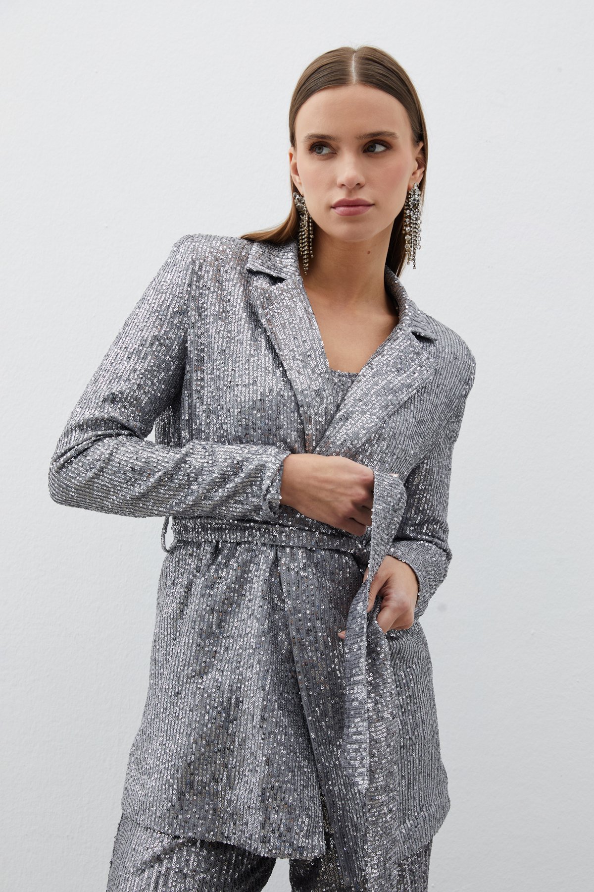 Belted Sequin Jacket - SILVER