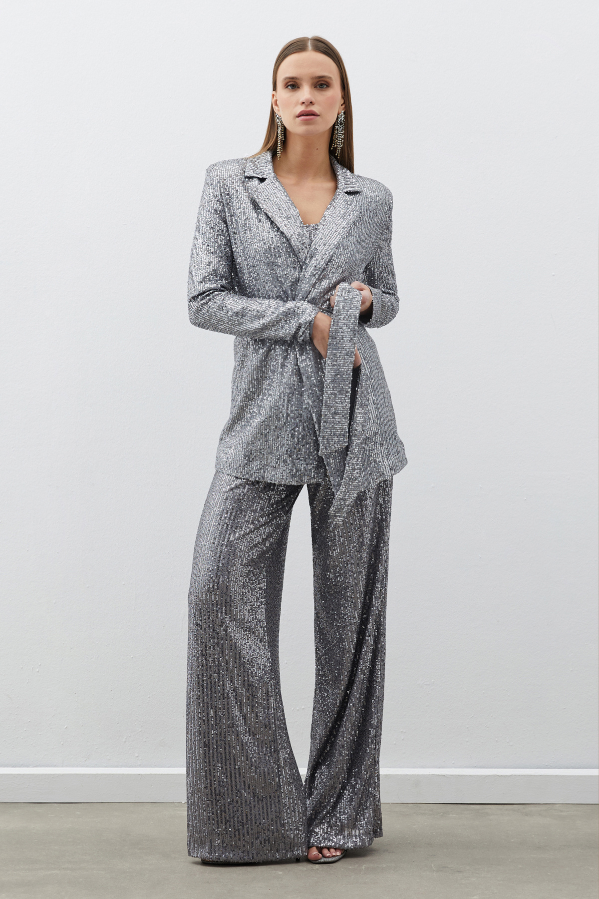 Belted Sequin Jacket - SILVER