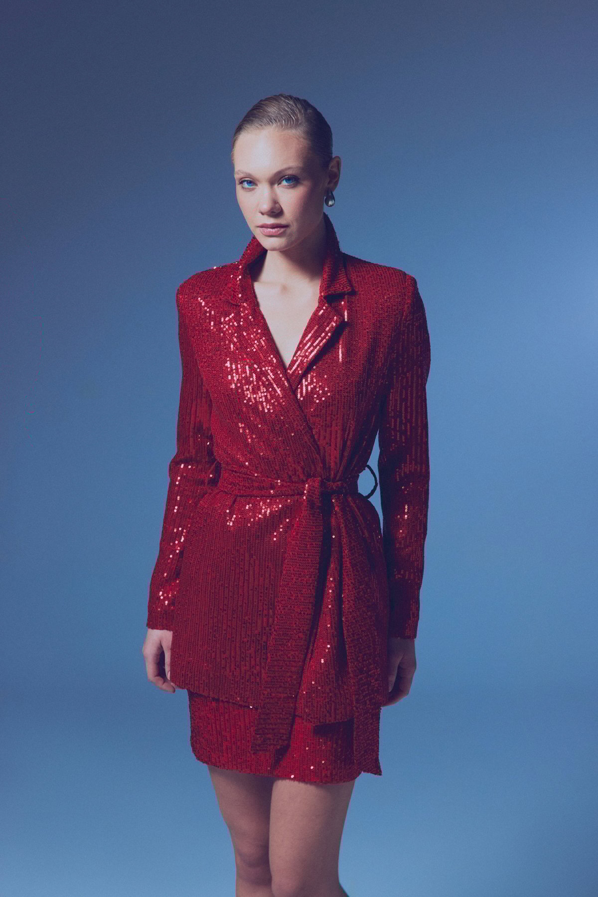 Kuşaklı Payet Ceket - Kırmızı