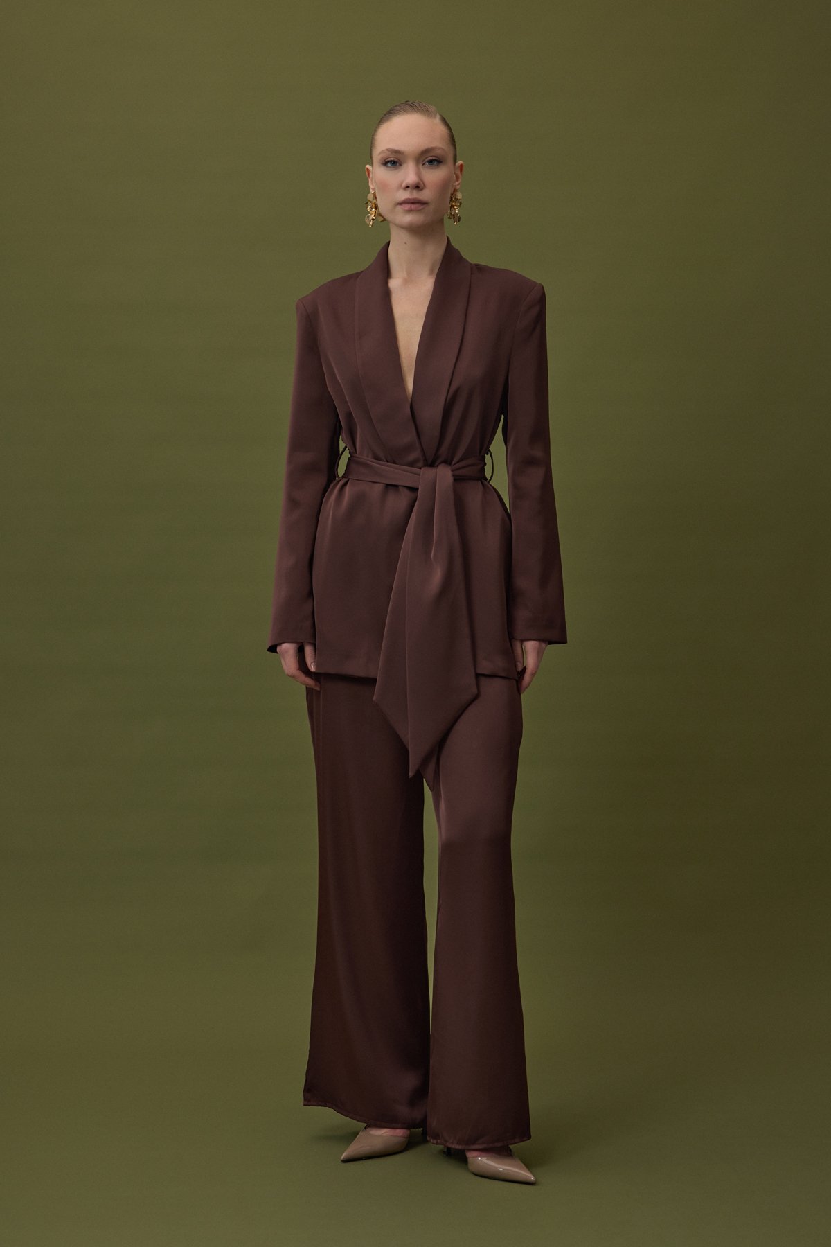 Kuşaklı Saten Ceket - Kahve