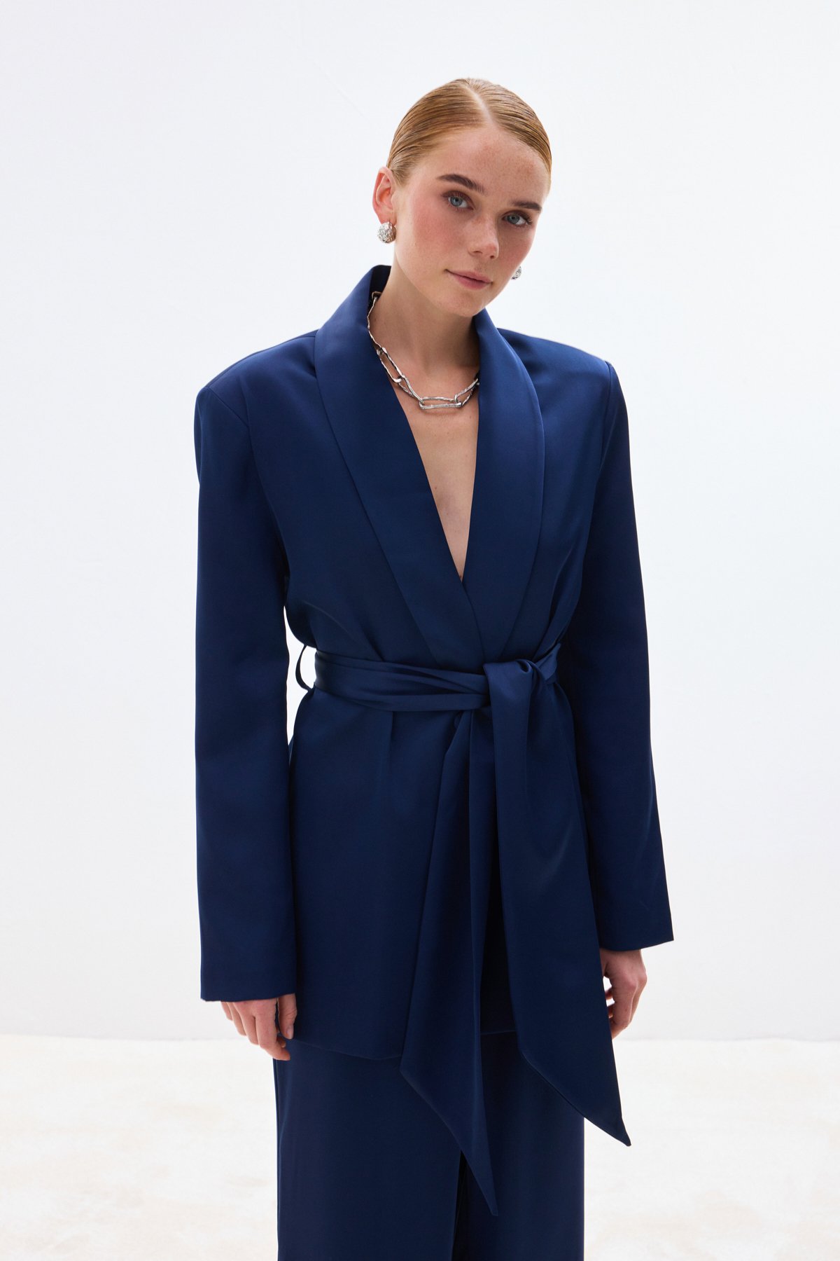 Kuşaklı Saten Ceket - Lacivert
