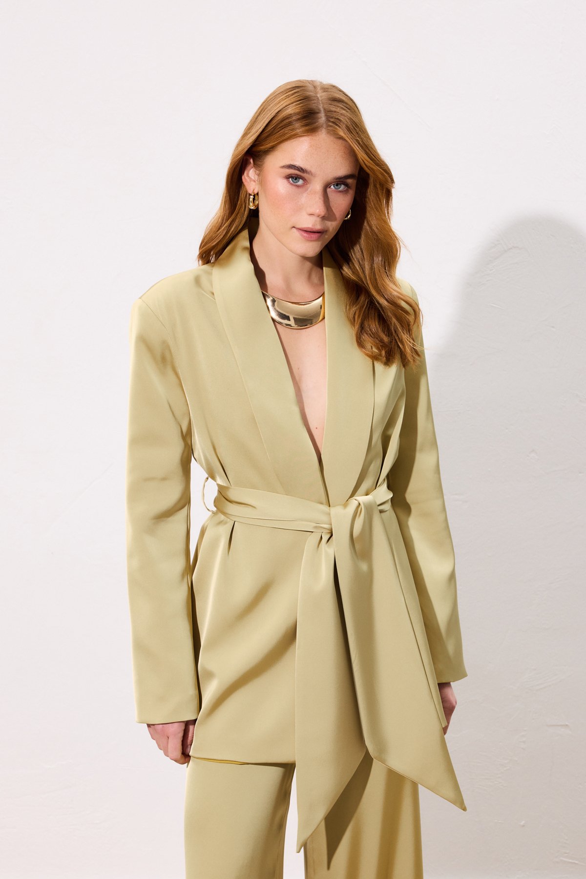 Kuşaklı Saten Ceket - Olive