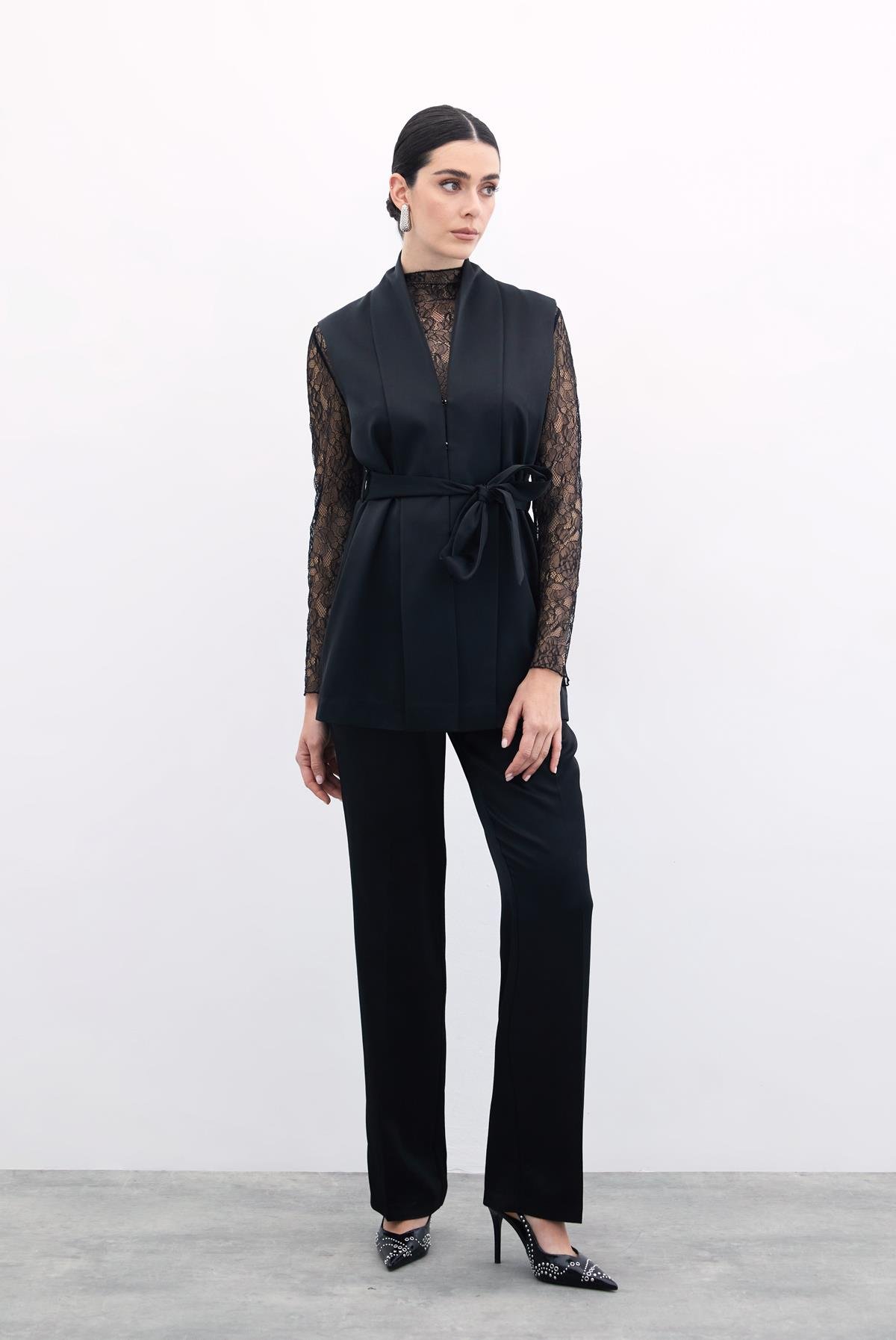 Kuşaklı Saten Yelek - Siyah