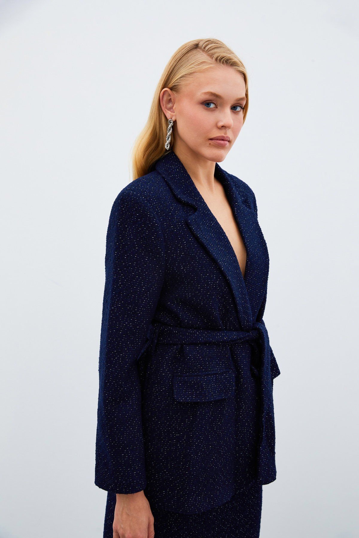 Kuşaklı Tüvit Ceket - LACİVERT