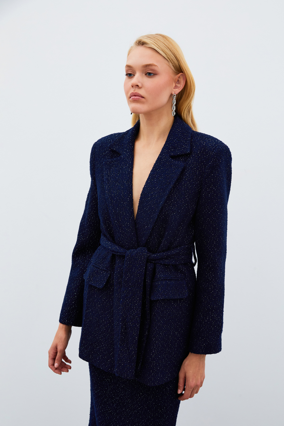 Kuşaklı Tüvit Ceket - LACİVERT