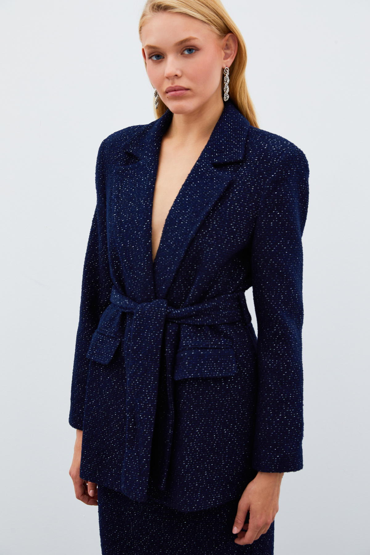 Kuşaklı Tüvit Ceket - LACİVERT