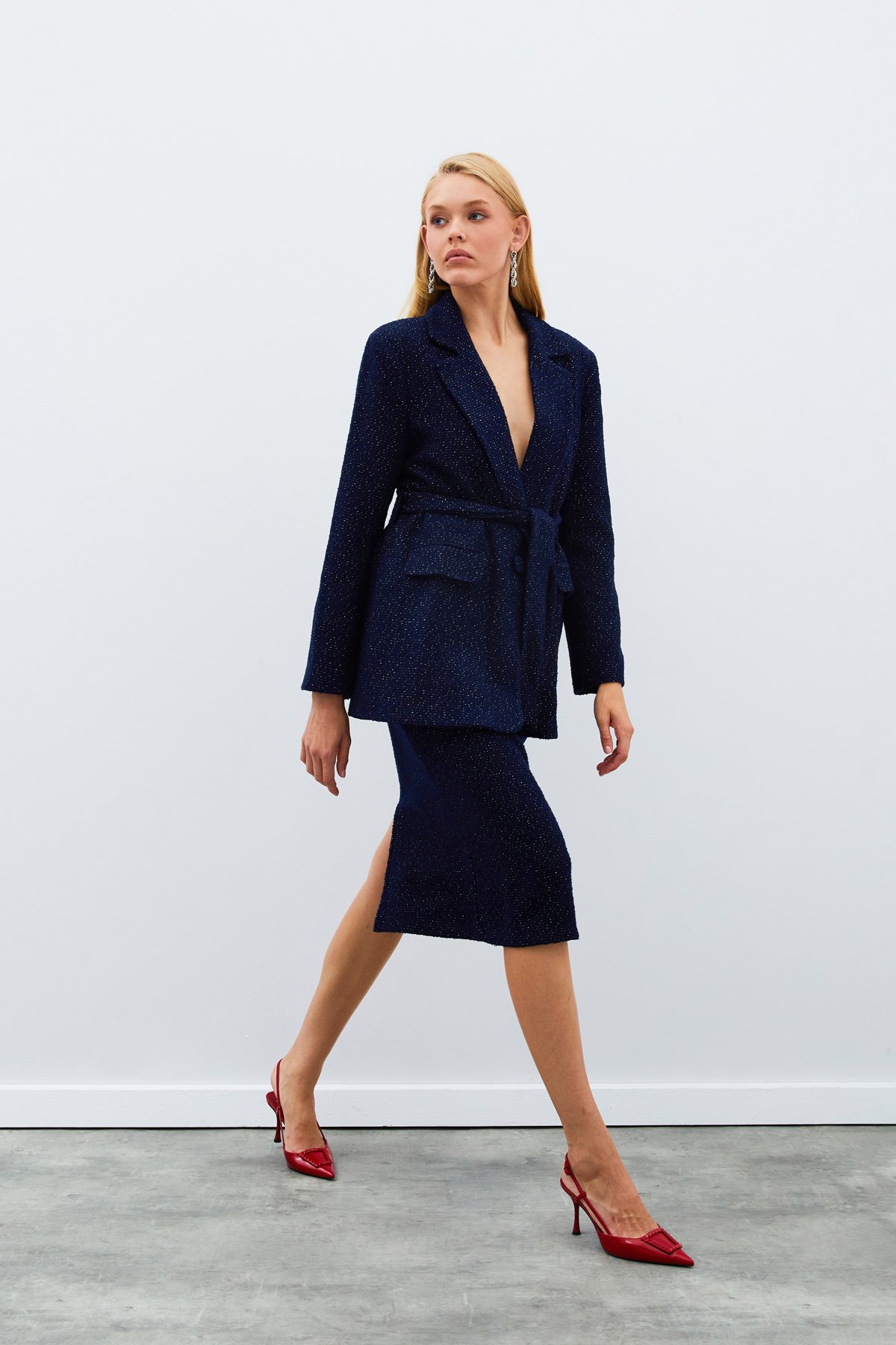 Kuşaklı Tüvit Ceket - LACİVERT