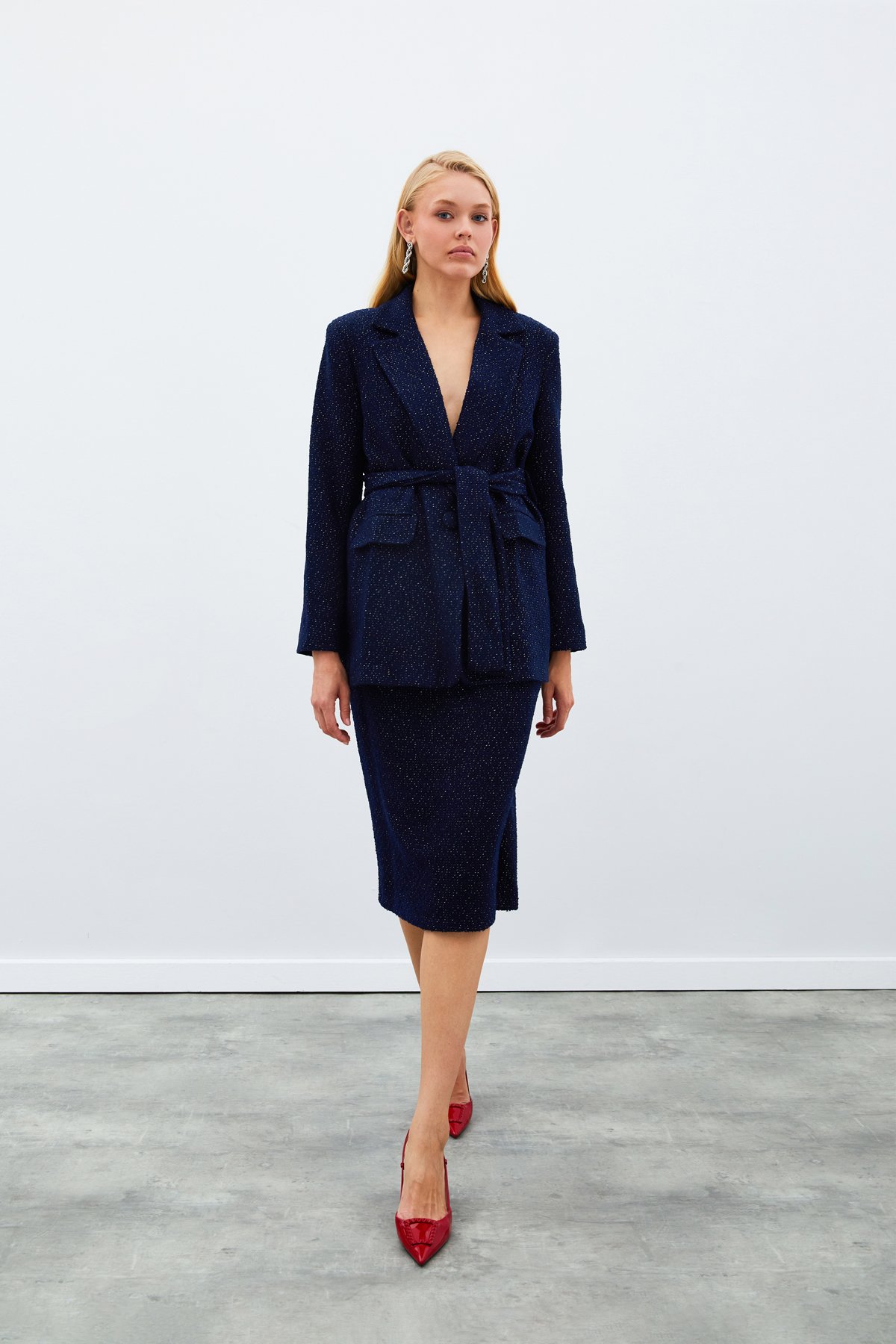 Kuşaklı Tüvit Ceket - LACİVERT