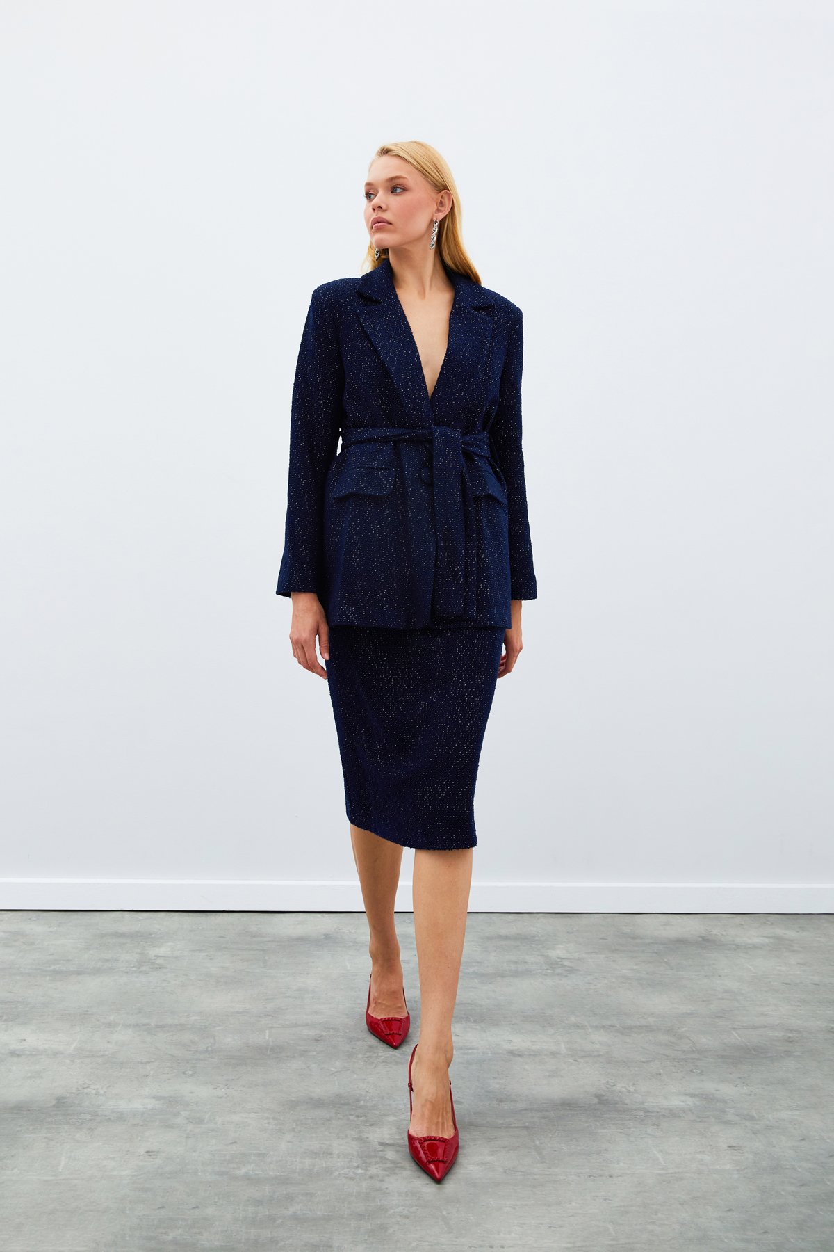 Kuşaklı Tüvit Ceket - LACİVERT