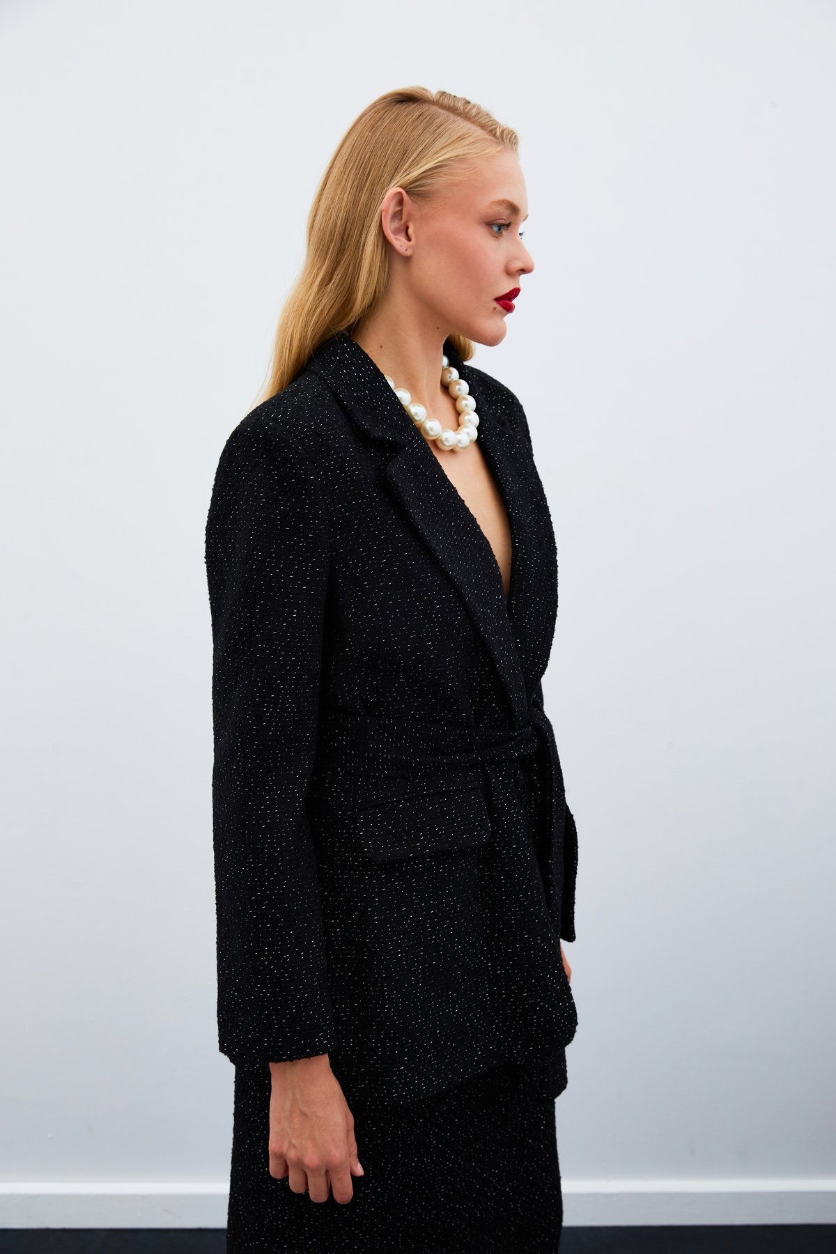 Kuşaklı Tüvit Ceket - SİYAH