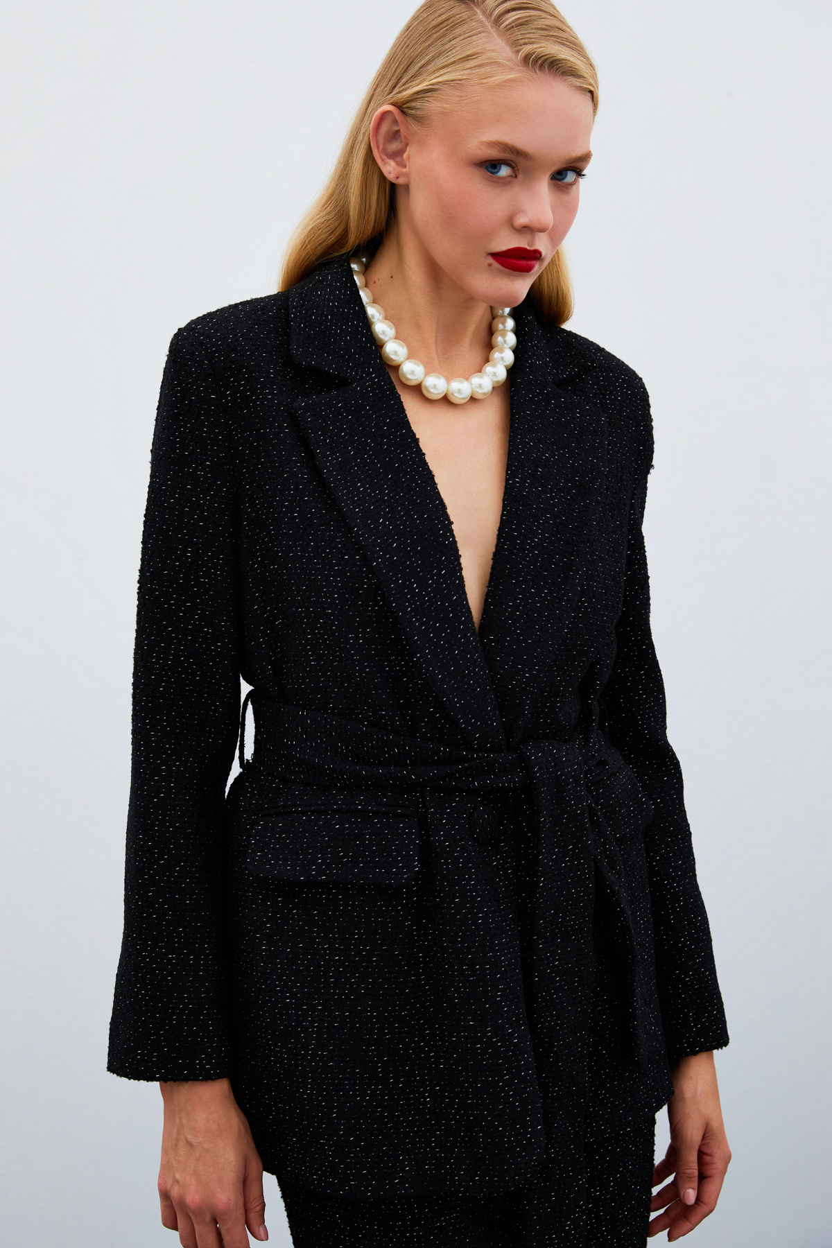 Kuşaklı Tüvit Ceket - SİYAH