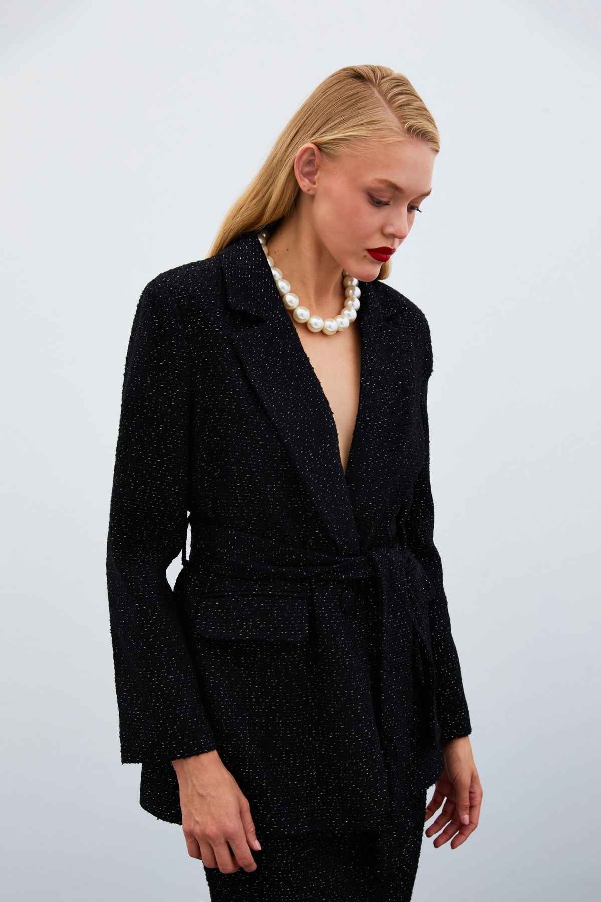 Kuşaklı Tüvit Ceket - SİYAH