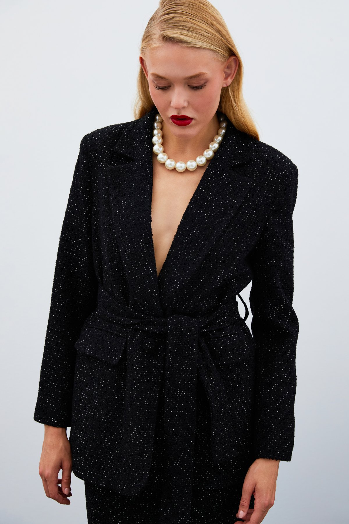 Kuşaklı Tüvit Ceket - SİYAH