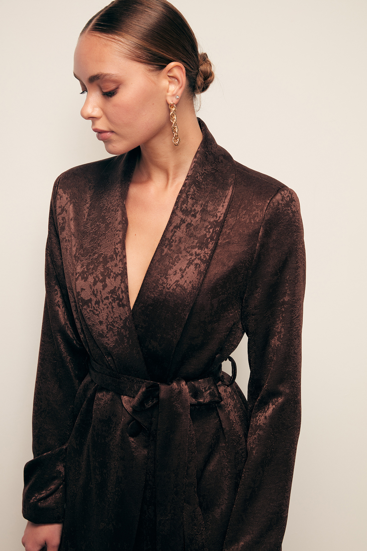 Kuşaklı Uzun Ceket - KAHVE